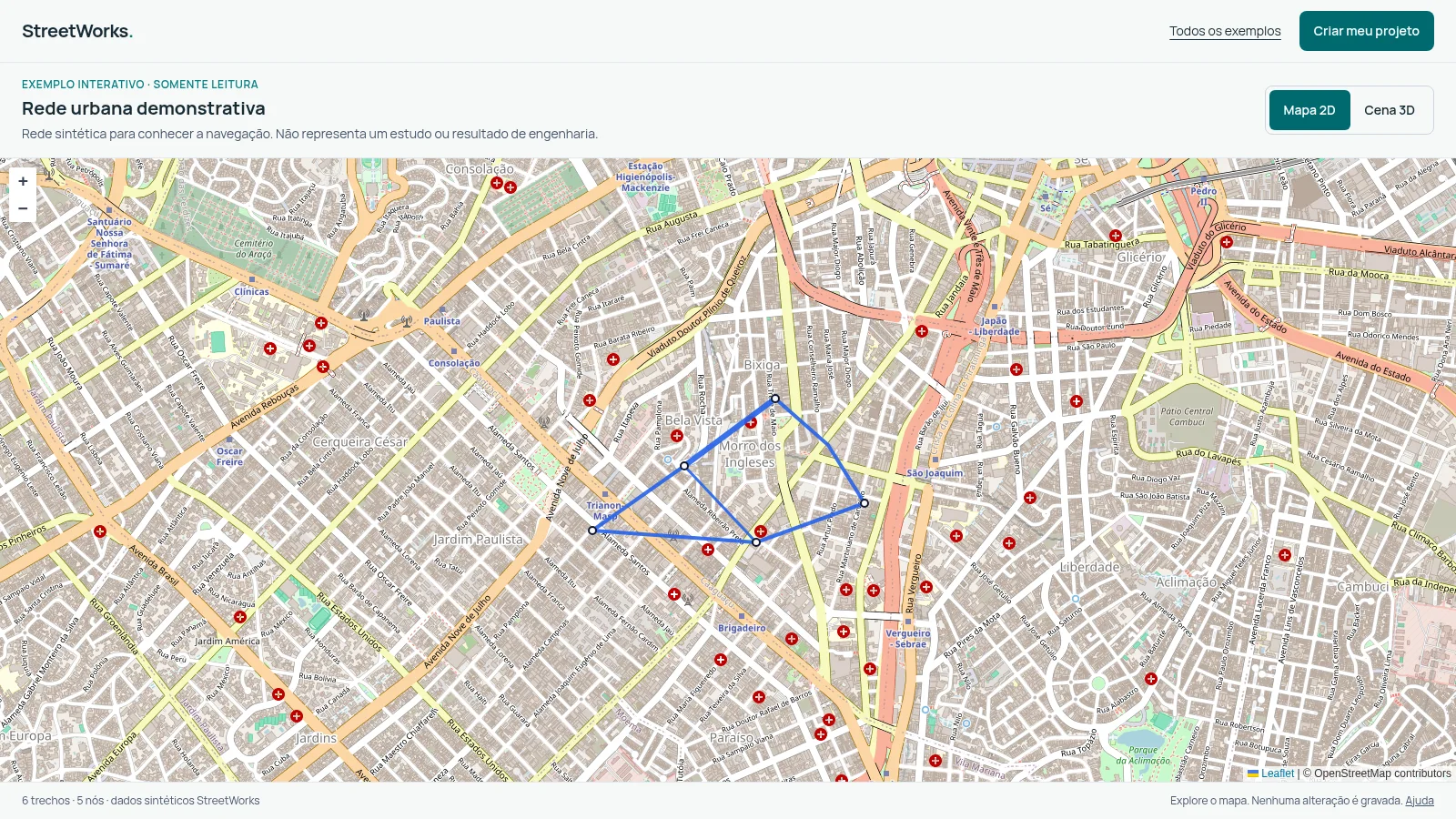 Captura real da demonstração StreetWorks: rede urbana sintética no mapa 2D, com seis trechos e cinco nós.